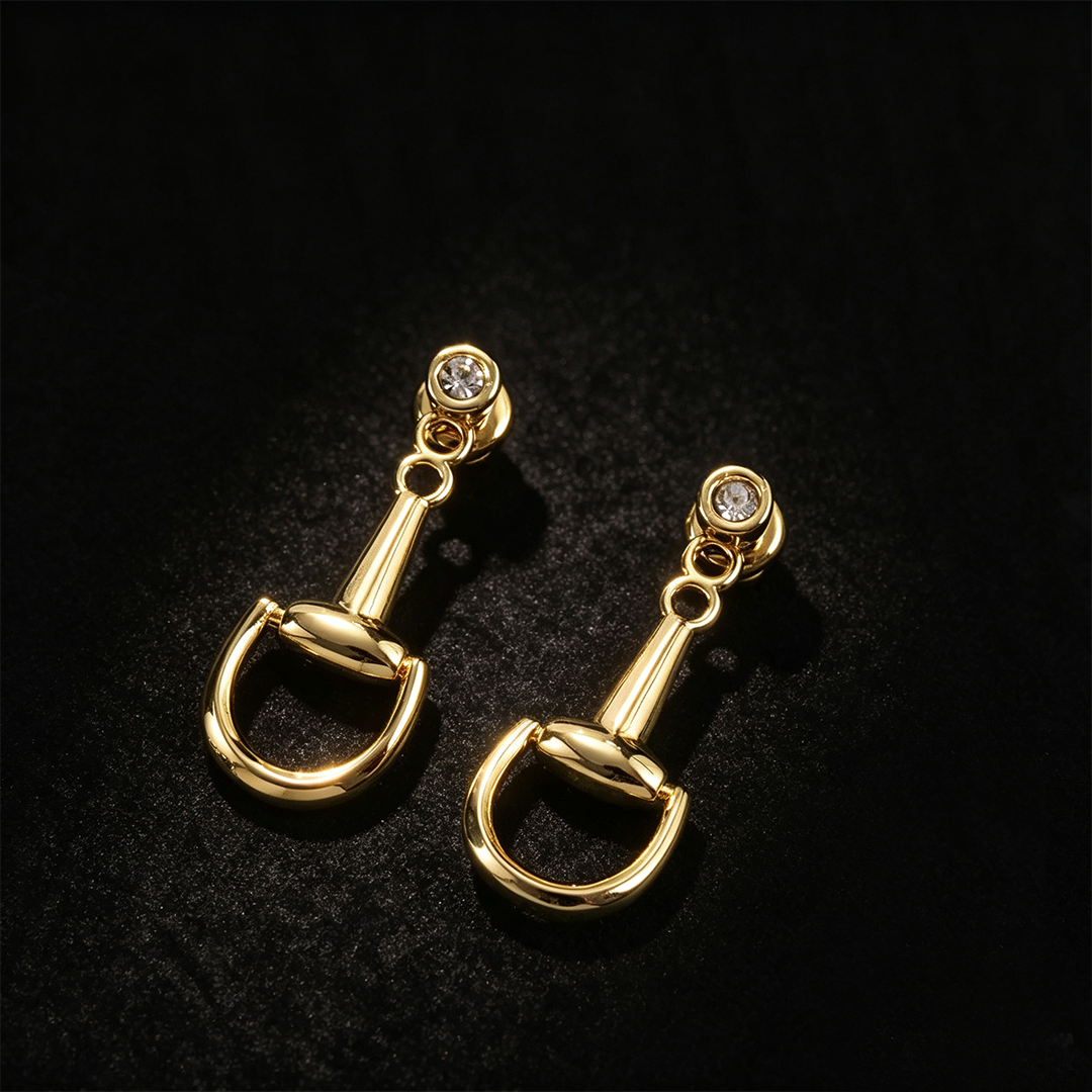 Stirrup Dangle Earrings, Clear CZ Crystal D Shape Drop Stud Earrings, Minimalist Equestrian Horse Riding Jewelry, Trendy Daily Wear Accessories Gift