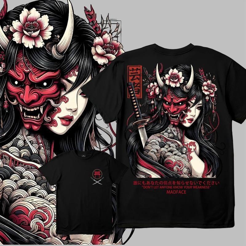 Vintaga oversize mens T shirts Edgy Japanese Oni Geisha Tattoo Tee with Samurai Sword and Red Floral Print Cotton Men s T shirt Summer Casual Wear