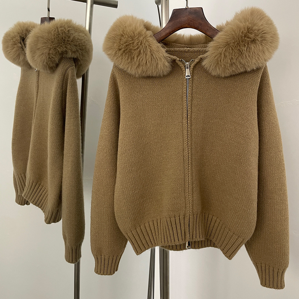 Autumn Winter Casual Women Wool Cashmere Collar Hooded Knitted Short Cardigan Coat High-end Anti-Pilling