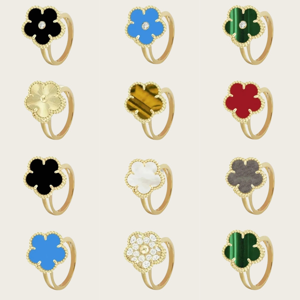 Bijoux de créateurs anneaux de fleurs bande d'éternité florale en or pour elle bague de fiançailles classique en diamant trèfle