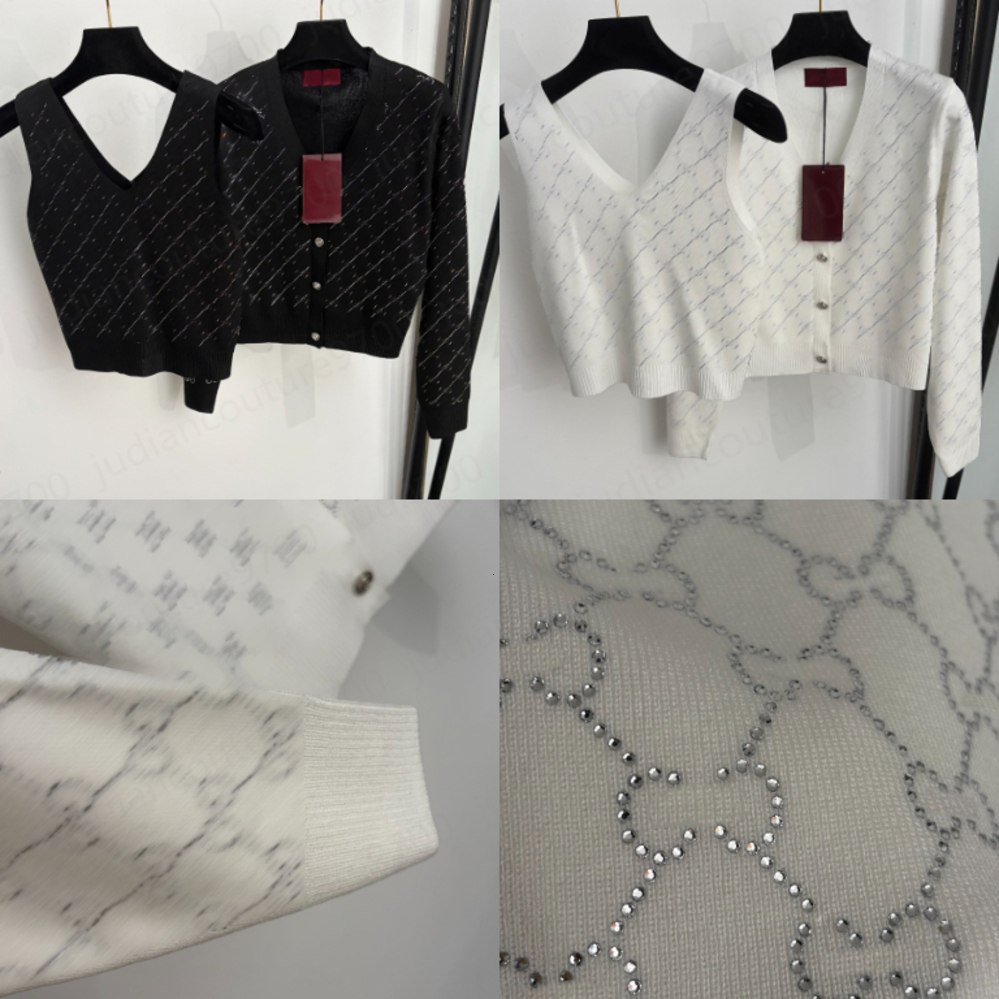 GG suéter de diseñador para mujer Logotipo de la marca de diamantes de imitación Manga larga con cuello en V Cárdigan corto Camiseta sin mangas sin