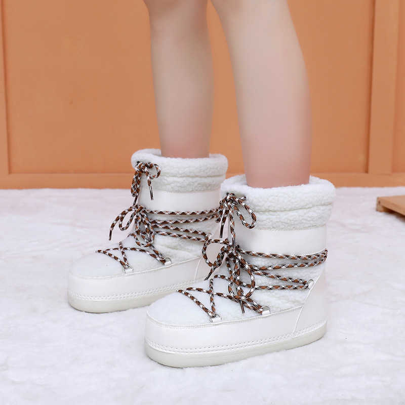 2025 New Winter Moon Boots for Women Non-Slip Warm Snow Boots Trendy Boots Mid-Calf Lace-Up Furry Shoes L2608182XPU
