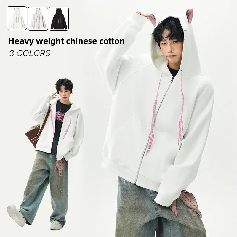 2025 Autumn Fashion HighQuality Men's 380g Pure Cotton Hooded Sweater with CatEar n for Coat Male 260812 2f
