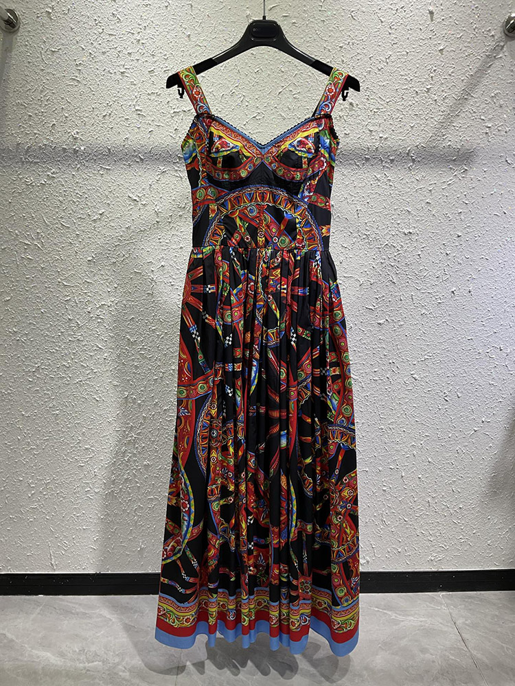 Women 100% Cotton Long Dress Summer Fashion Spaghetti Strap Classic Geometric Printing Party Holiday Vestidos Sliming Lady