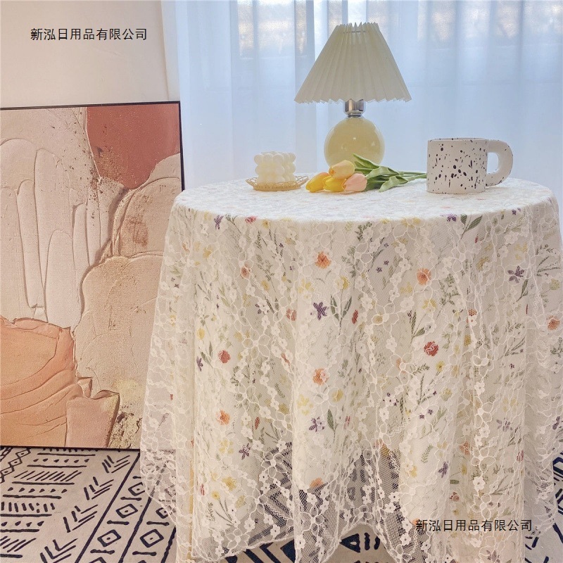 Korean-style floral print paired with lace and white gauze, fresh and elegant background cloth, desk cover, tablecloth