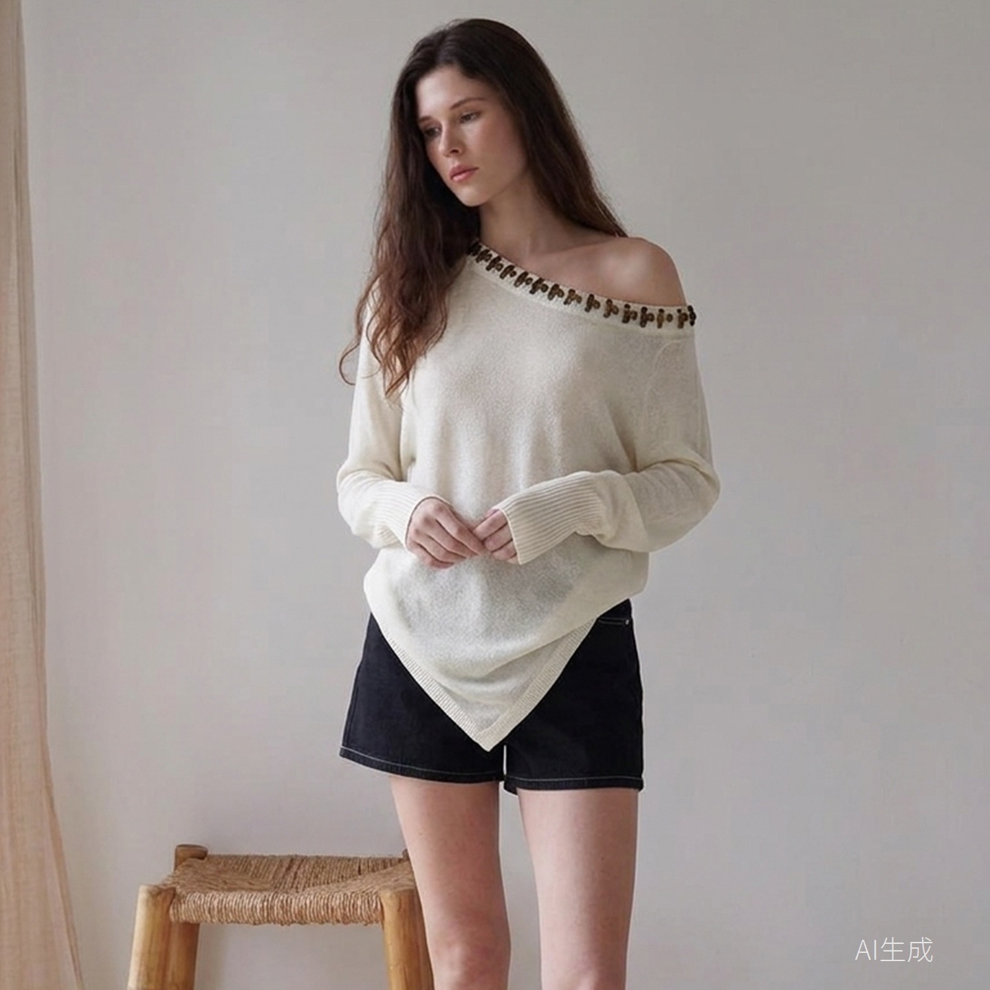 Cardigan en tricot à col incliné et perles à la main en lin avec ourlet irrégulier, style automnal, haut amincissant à épaules dénudées pour femm