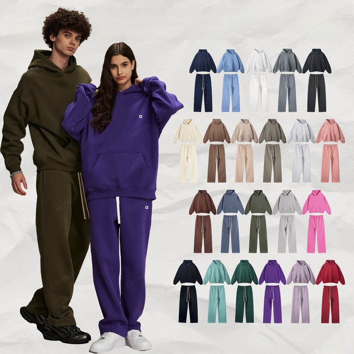 2026 New Unisex Yoga Set Loose Comfortable Hooded Sweatshirt Pockets High Quality Drawstring Wide Leg Pants Gym Outdoor Sports Pilates HK8821