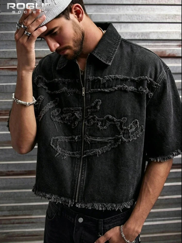 Y2K Vintage Streetwear Cropped Zip Up Denim Jacket Men Frayed Trim Distressed Washed Oversized Casual Daily Wear Outerwear 2026 260817
