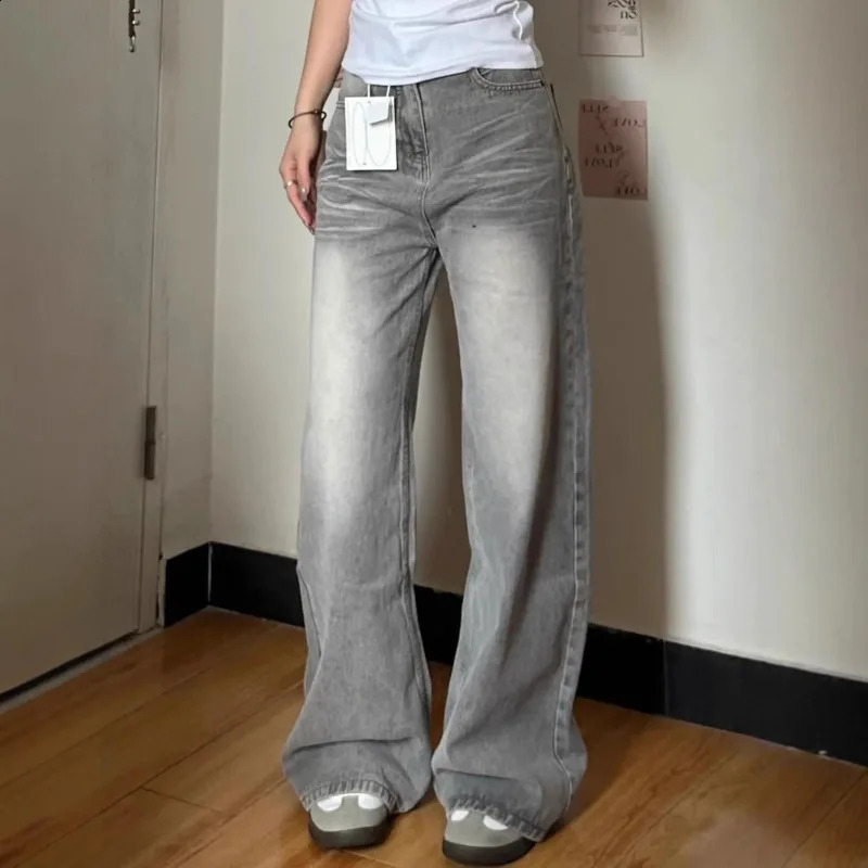 Summer Wide Leg Denim Jeans Women Loose Straight Floor Length Ruffled American Grey Retro Style Casual High Waist Thickened 260817