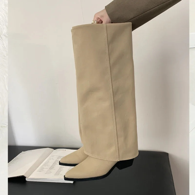 Spring Autumn Pointed Toe Knee-High Boots Women er Vintage Square Low Heels Shoes Modern Long Botas Para Mujer 260917