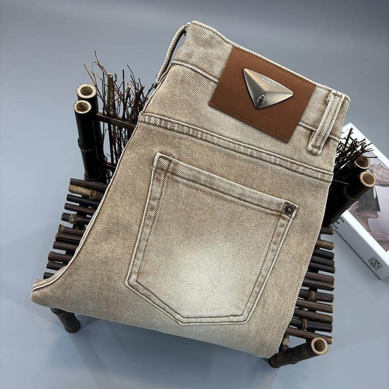 Vintage Fashion High-grade Designer Clothes 2026 New Khaki Jeans For Men, Summer Thick Stretch Slim Fit, Unique Washed Trendy Brand Men's Pants