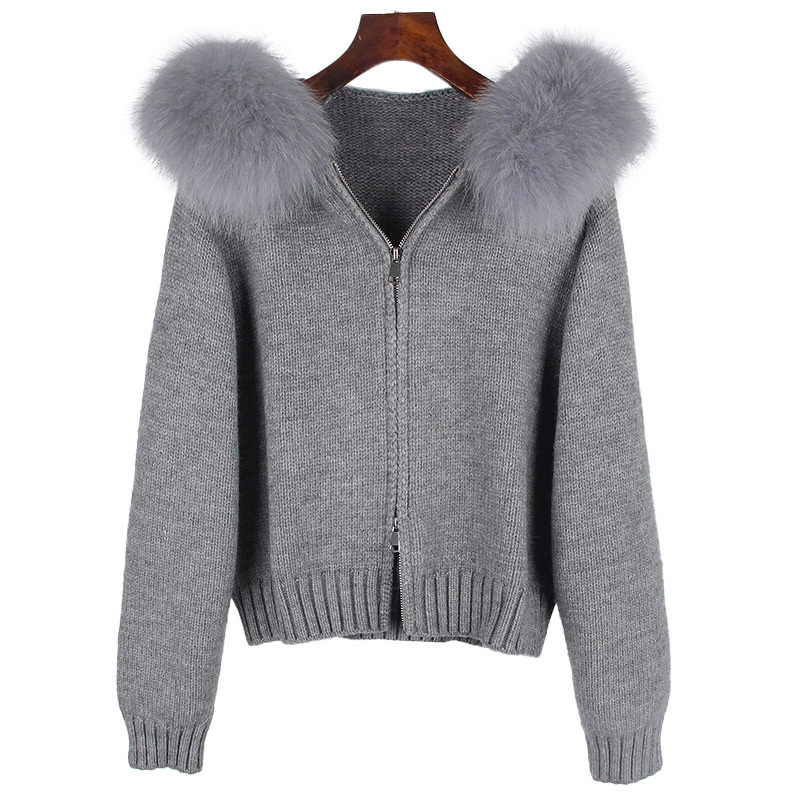 Autumn Winter Solid Color Long Sleeve Fur Sweater Women Knitted Cardigan With Fox Fur Hood