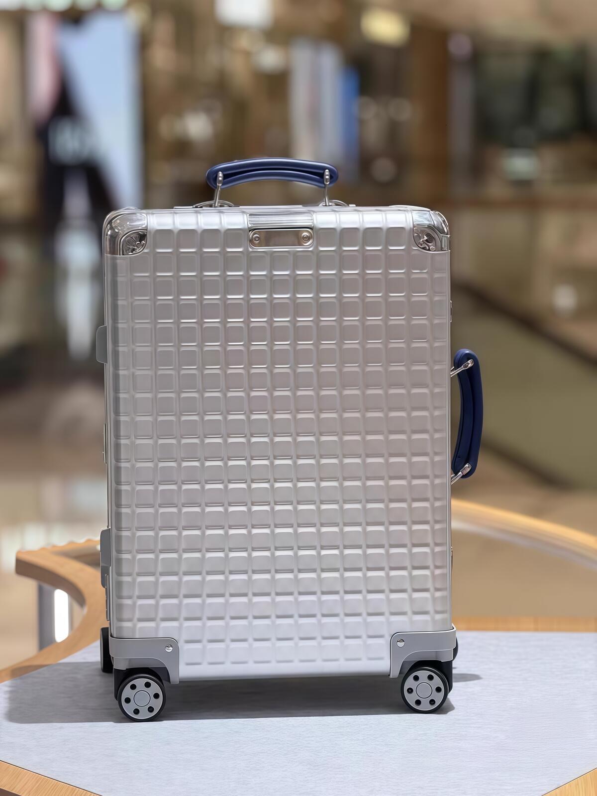 TOP Aluminum Classic Grid Cabin Suitcase set Designer aluminum alloy blue leather handle large capacity Smooth telescopic handle