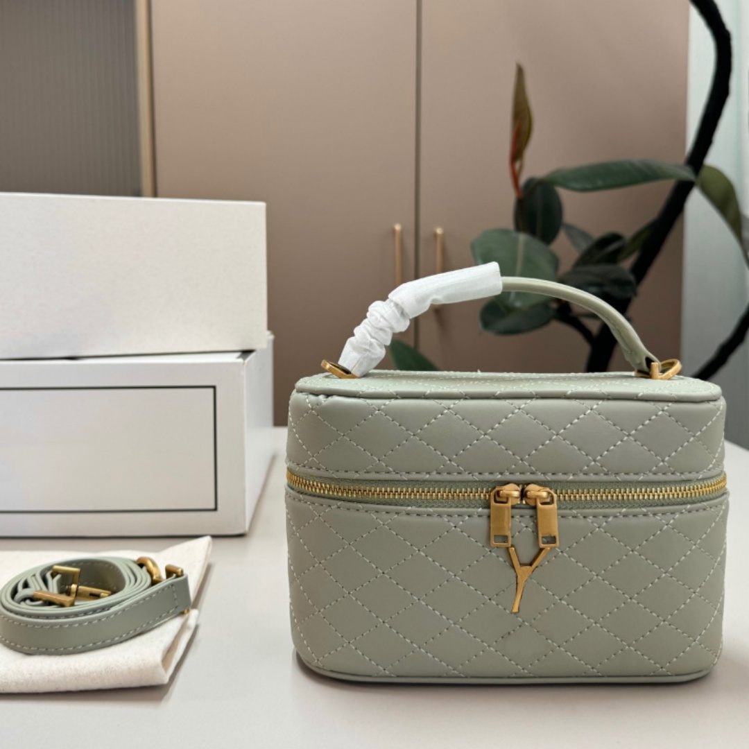 10 Designer Vintage Diamond Quilted Vanity Box Bag Women Top Handle Makeup Storage Handbag Removable Shoulder Strap Zip Crossbody Purse Daily Travel