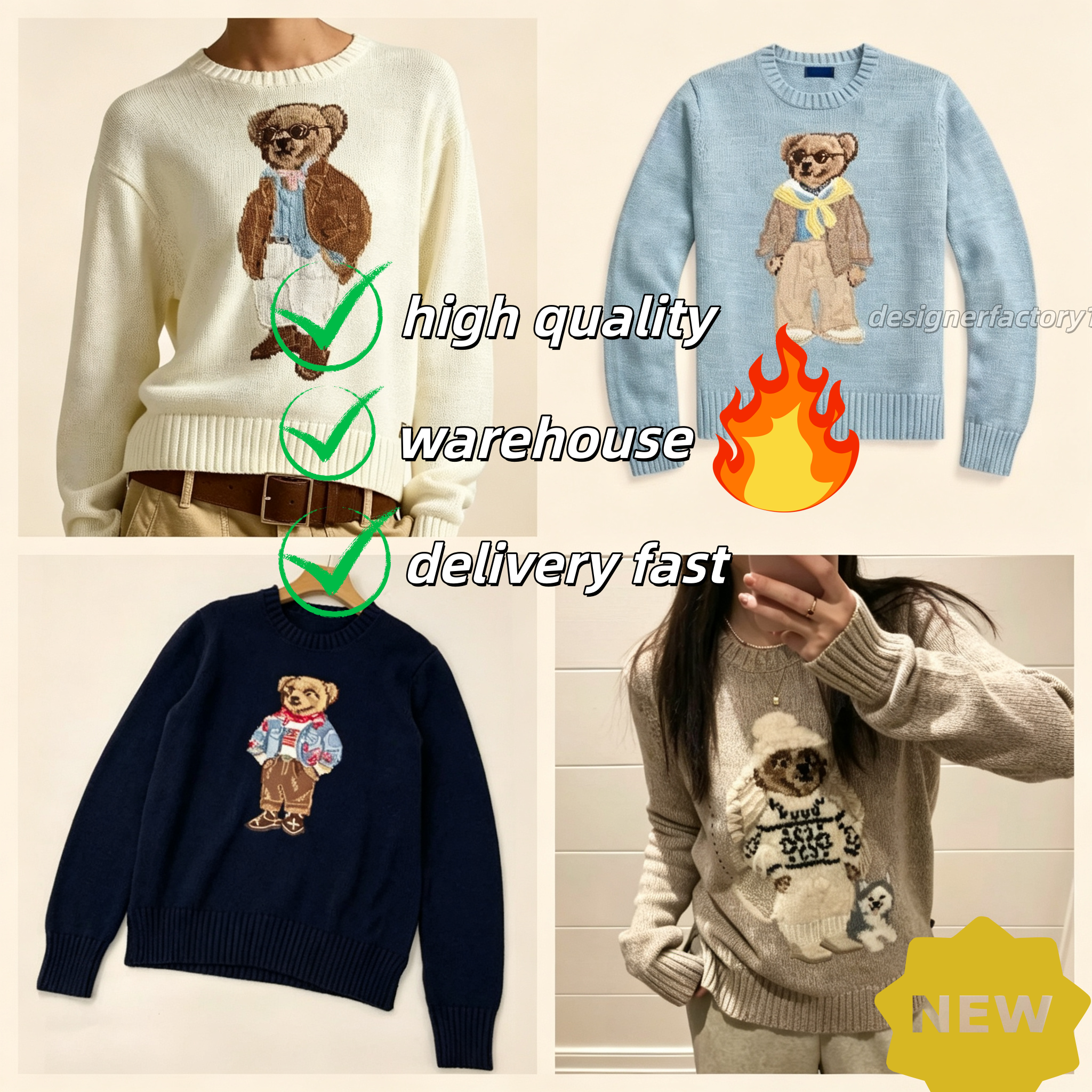 women winter soft cotton knitted pullover bear print basic casual long sleeve jumper top ladies fashion designer sweater