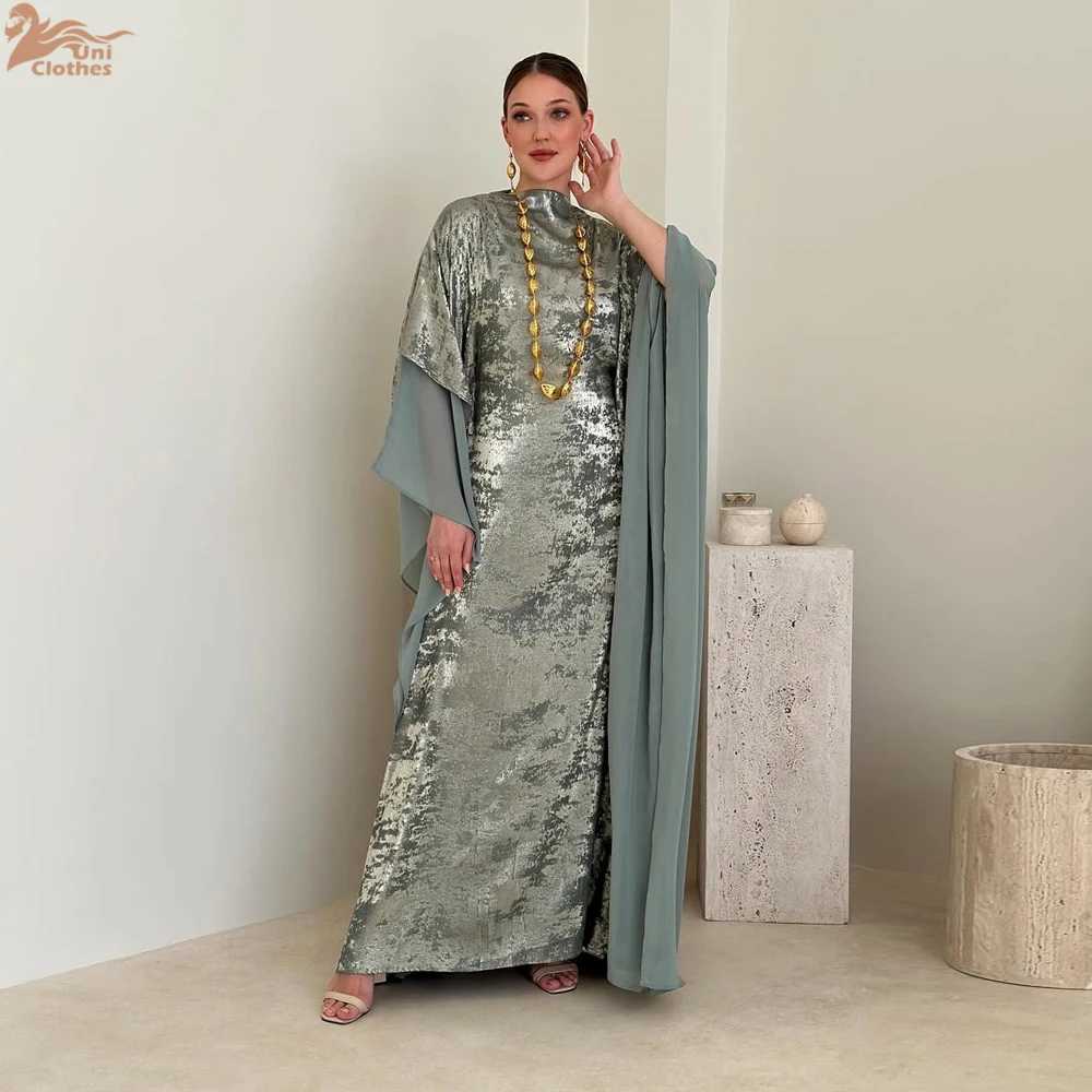 Uni New Dubai Luxury Woman Evening Dress Mesh Dolman Sleeve Kaftans Woman Gold Stamping Abaya 2025 Z260819