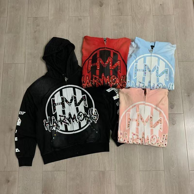 harmony hoodie designer Zippered hooded sweatshirt unisex streetwear style with aged gradient cardigan jacket and heavy duty diamond studded loos