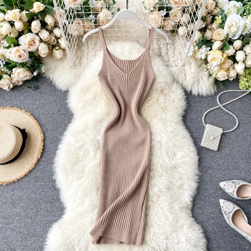Summer Women Simple Casual V neck Sundress Sleeveless Off Shoulder Knitting Multi Solid Color Bodycon Mini Dress 260817