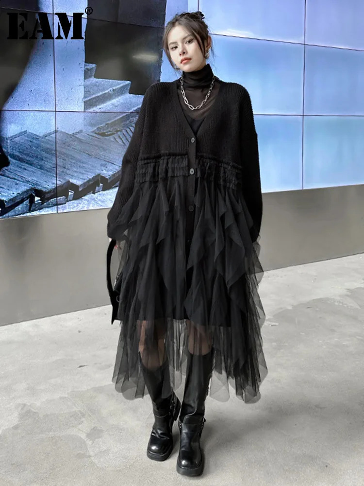 EAM Women Black Big Size Knitting Mesh Irregular Sweater Dress V Neck Long Sleeve Fashion Spring Autumn 2026 1DH2366 260817