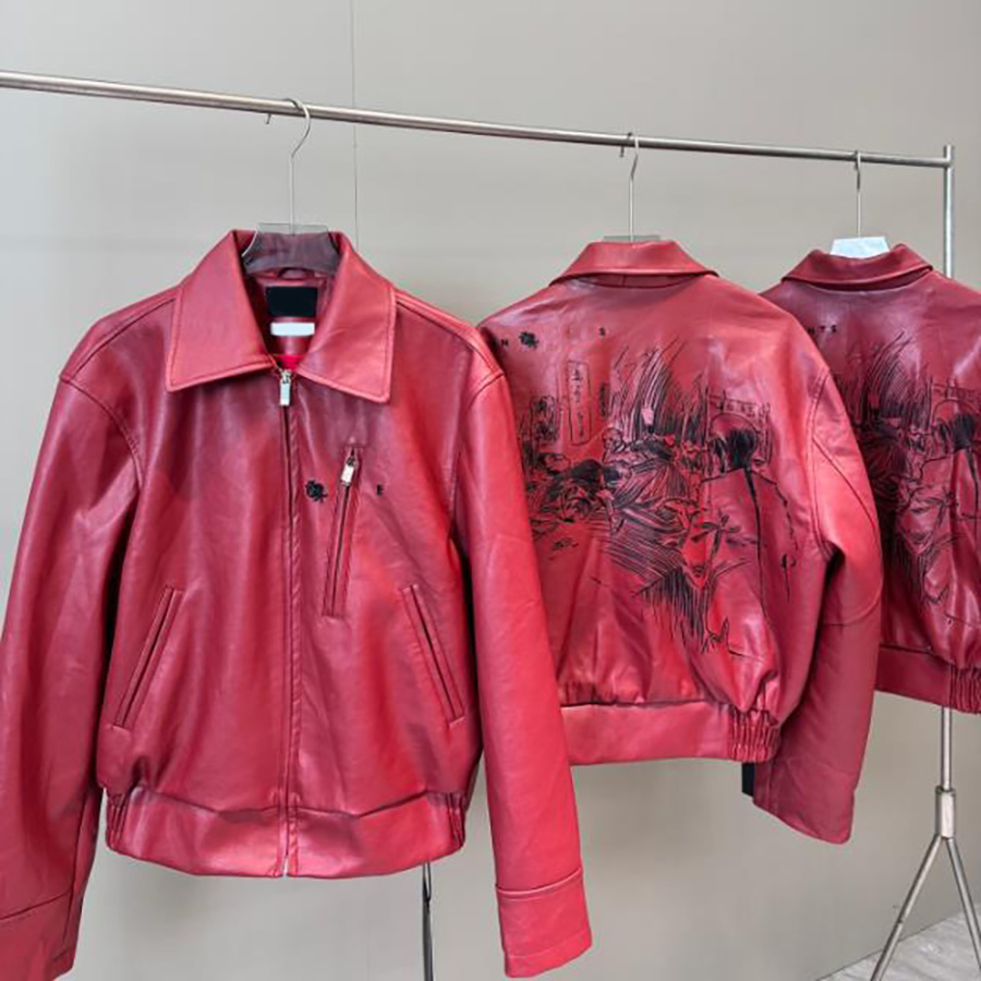 PU Leather Jacket Designer Graffiti Leather Jacket Men Street Melancholy Heavy Industry Embroidery Cracked Motor Retro Loose Versatile Jacket Trendy