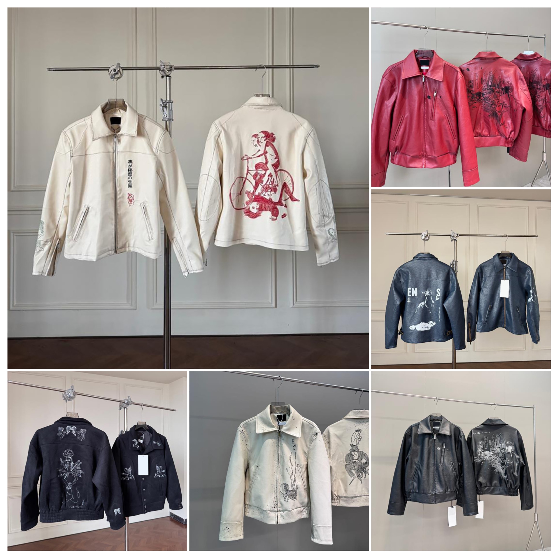 PU Leather Jacket Designer Graffiti Leather Jacket Men Street Melancholy Heavy Industry Embroidery Cracked Motor Retro Loose Versatile Jacket Trendy