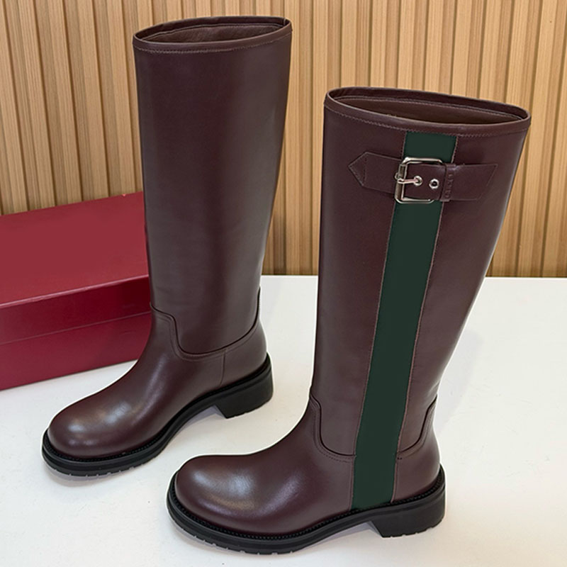 Fashion New Arrivals Womens biker boot Web premium brown leather Classic ribbon design Side buckle decoration Retro round head Casual ladies knight