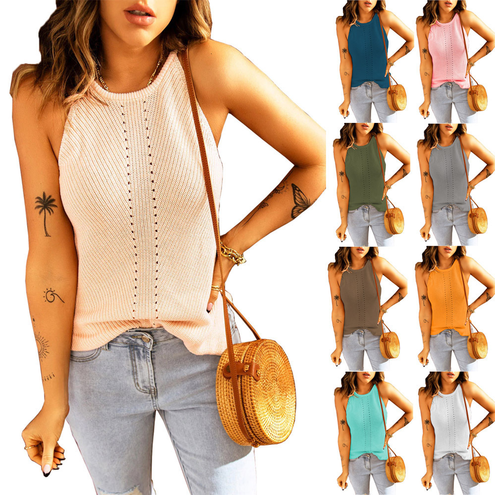 2026 Fashion Designer Sexy Tanks Tops Knitting European and American spring summer new beach halter-neck knitted loose tank top Sexy Camis