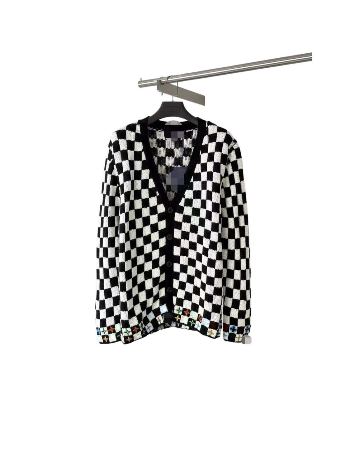 Designer men's V-neck checkered knitted cardigan with button checkered pattern on the front, embroidered with flowers on the hem, casual daily