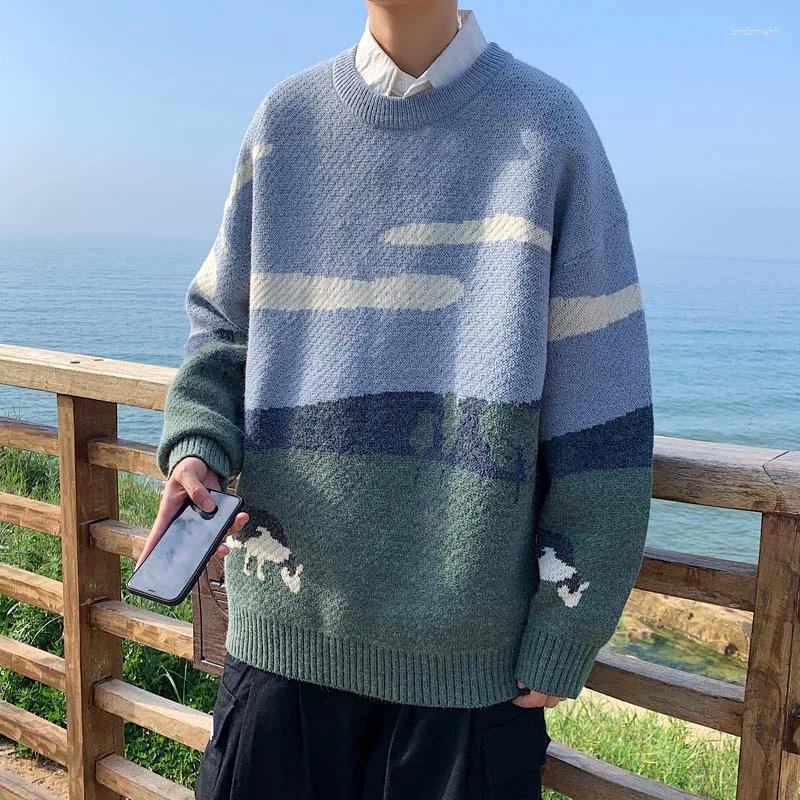 Sweaters Men's 2026 Autumn Winter Men Contrast Color Sweater Tops Mens Loose Printing Jumpers Male Korean O-neck Casual Knitted P72 D261008