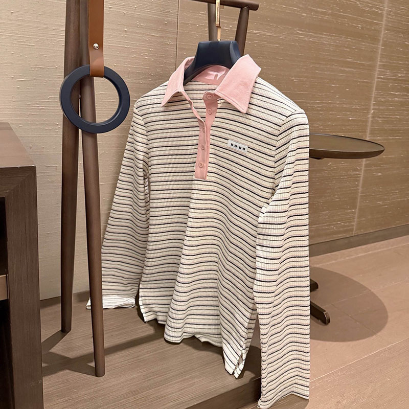Luxury Women Striped Polo Shirt Luxury Long Sleeved Knitted Tops Brand Pullover Retro American Street Versatile Shirts
