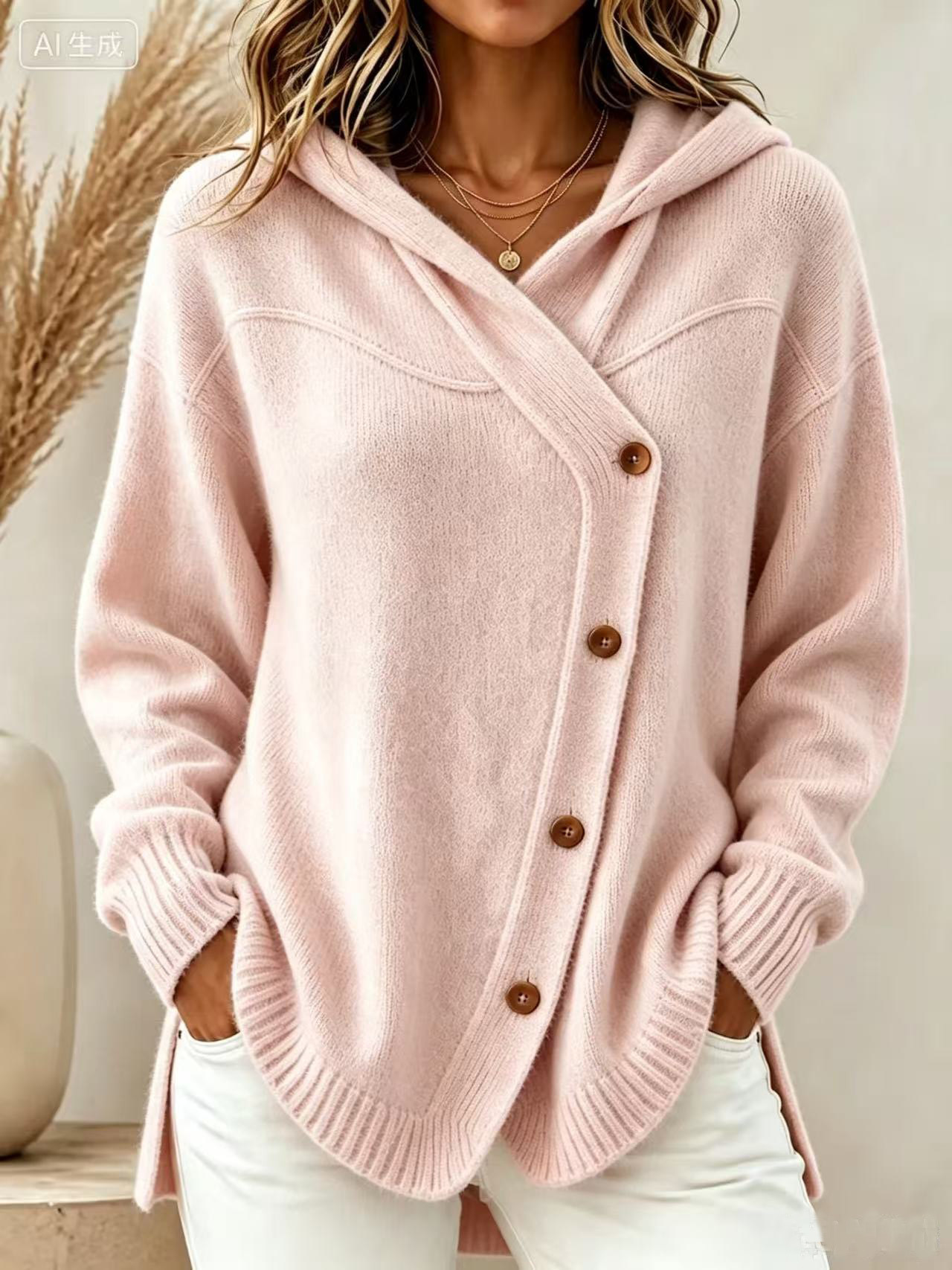 Adele153 Style européen et américain automne/hiver nouveau pull pour femme décontracté bouton ample à manches longues à capuche Cardigan