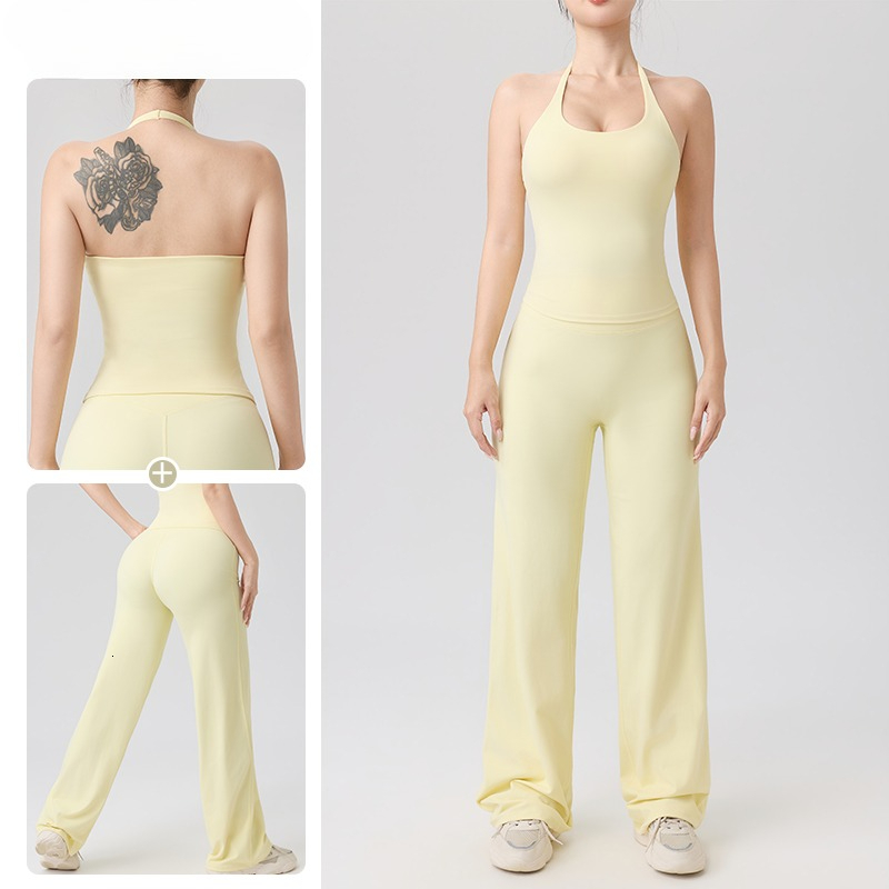 Summer Sports Yoga Set Woman Sexy Backless Halter Bra Solid Color Vest Running Shockproof Quick Drying Push Up Straight Pants 26Y0819