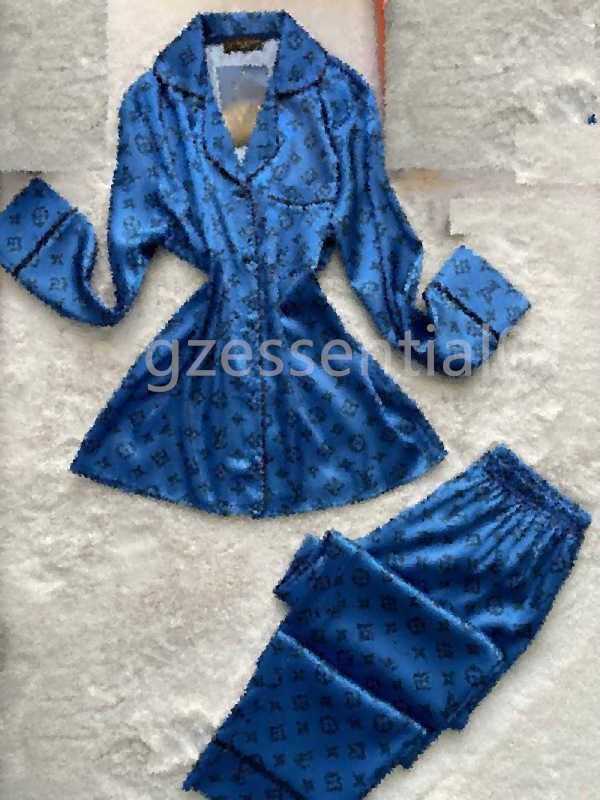 Ensembles de pyjamas de créateurs pour femmes LVVT tenues quotidiennes maison ensemble de pyjama en satin bleu rétro luxe jacquard imprimé sur to