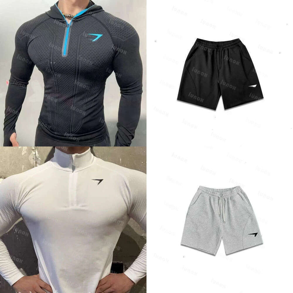 GYM set men mens shirt sharkes mens T-Shirts Gym Clothing Men Round Neck GYM set men Short pants Sports Long-Sleeved Run Fitness Vest Casual T shirt