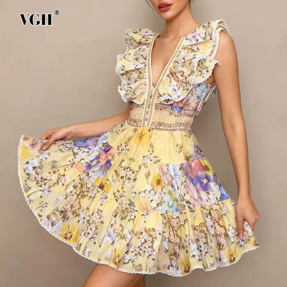 VGH Floral Printing Tunic Ruffles Dresses for Women V Neck Flying Sleeve Patchwork Single Breasted Sexy Short Dress Female 260817