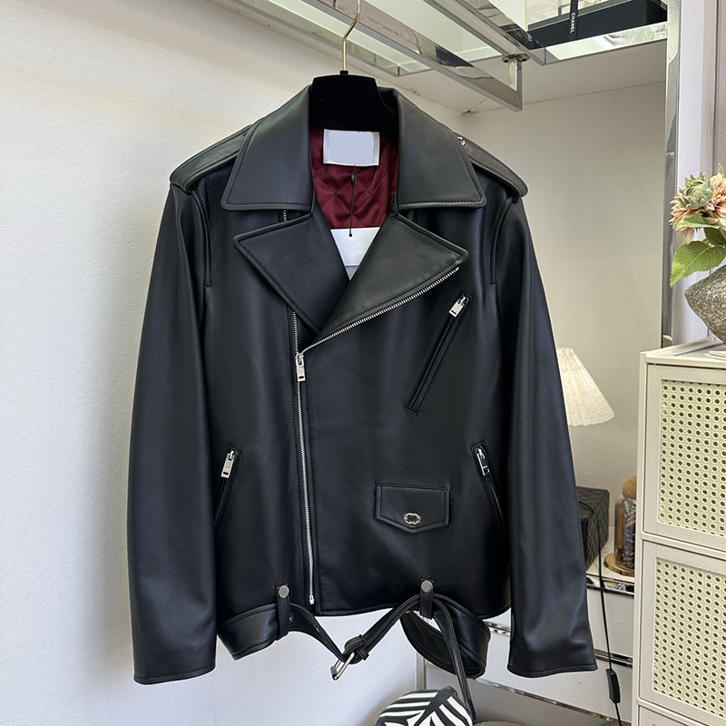 Retro Women Printed Leather Jacket Designer Belt With Diagonal Zipper Leather Jackets Luxury Unisex Street Trendy Motorcycle Leather Coat