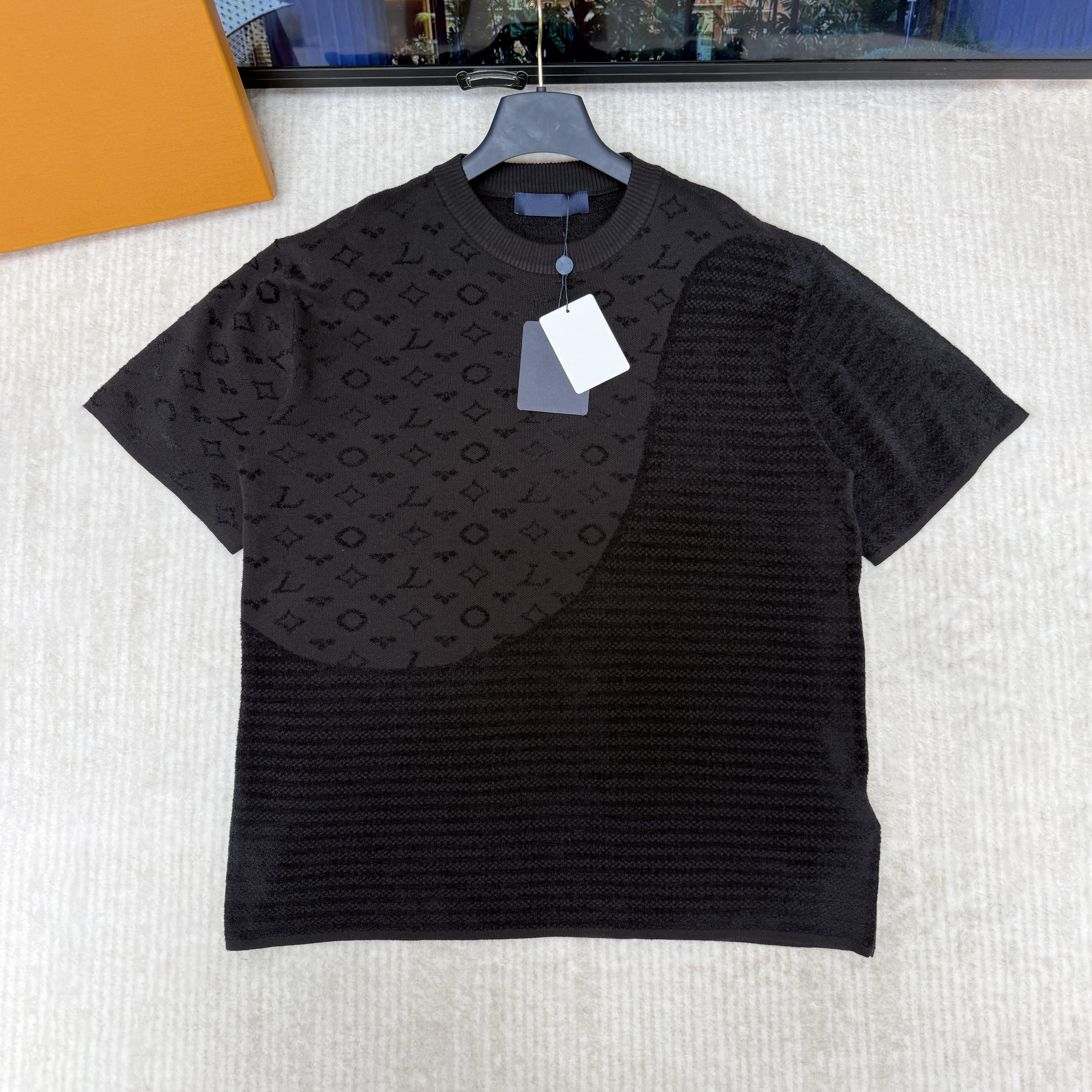 Designer high-quality men's T-shirt Polo shirt, men's crew neck knitted T-shirt with patchwork jacquard pattern, short sleeve top, loose c