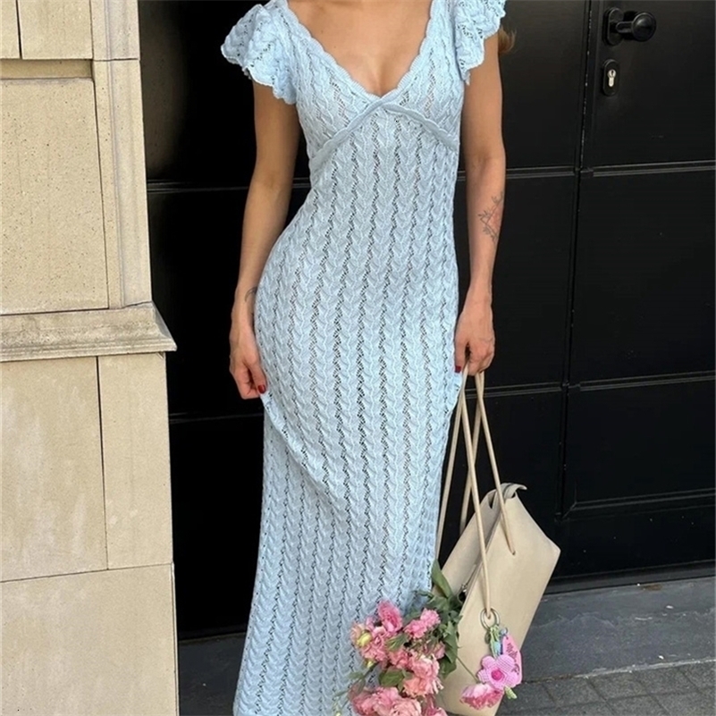 Tossy Ruffled Hollow Out Knit Long Women V Neck Fashion Patchwork See Through Beach Holiday Knitwear Female Dress 260817
