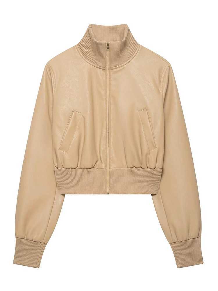 Women's HH Spring Autumn Casual Faux Leather Bomber Jacket Vintage Zipper Pockets Long Slve Short Jacket Female Strtwear M260818