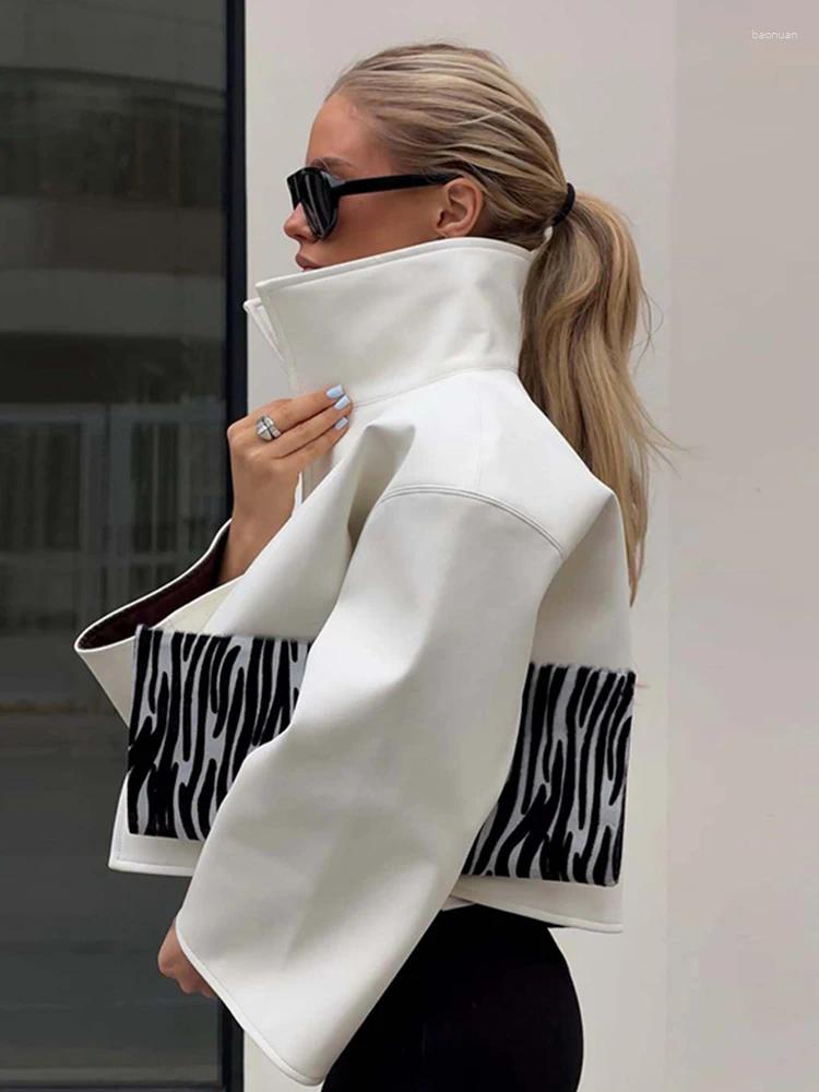 Women's Leather Street White Faux Cropped Jacket Women Loose Stand Collar Wide Sleeve Coat 2026 Autumn Lady PU Motorcycle Daily Outwear eb