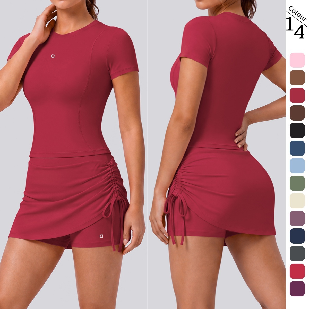 2727AO Women's Quick-Dry Elastic Yoga Top Nude Breathing Short Skirts Breathable Sports Running Fitness Tee Tight-Fitting Fake Yoga Skirt Yoga