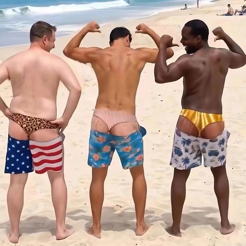 Men's Shorts Men Funny Fake Two Piece Boardshorts Optical Illusion Thong Print Beach Novelty Hilarious Swim Trunks For Summer Holiday