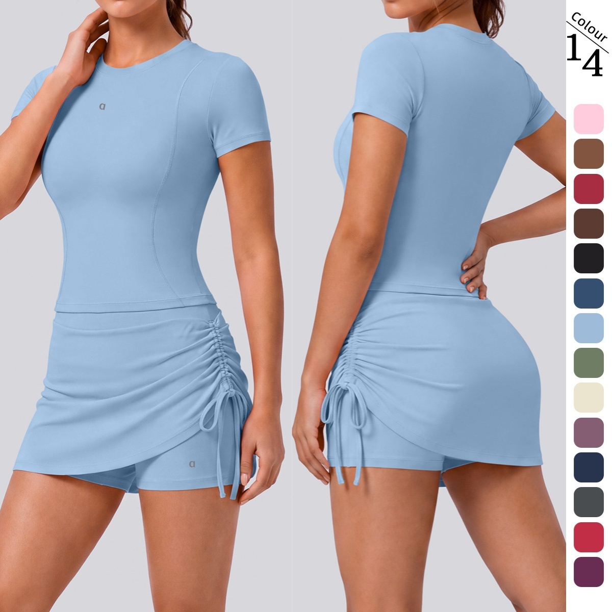 A2727 Women's Quick-Dry Elastic Yoga Top Nude Breathing Short Skirts Breathable Sports Running Fitness Tee Tight-Fitting Fake Yoga Skirt Yoga S