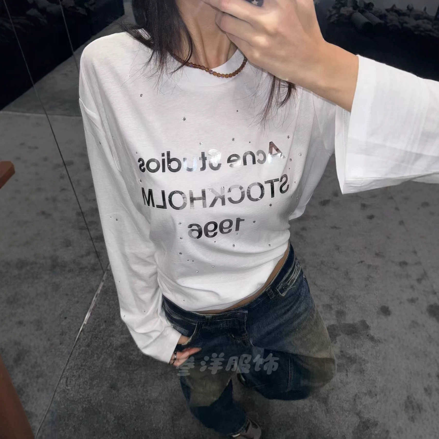 Nanyou top-end version AC mirror letter print 1996 rhinestone cotton-linen long-sleeve T-shirt loose top for women T260820