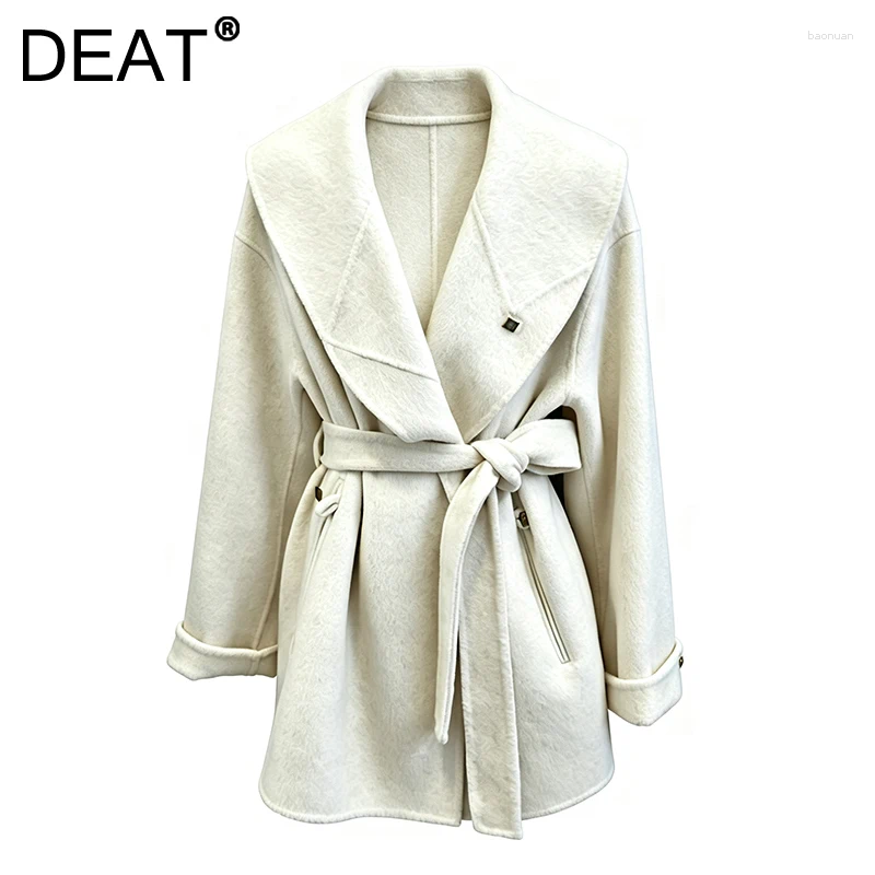 Women's Wool DEAT 2026 Winter Elegant Style Turn down Collar Faux Woolen Coat With Belt For Women Long Sleeve Midi Length Jackets 29A9446 44