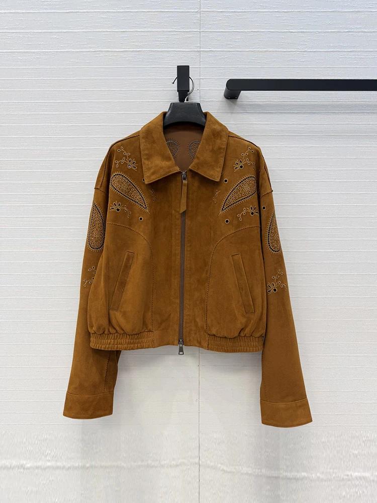 Women's Leather Spring Autumn Fashion Brown Suede Nap Straight Barrel Sheepskin Jacket Turn down Collar Embroidery Long Sleeve Coat f8