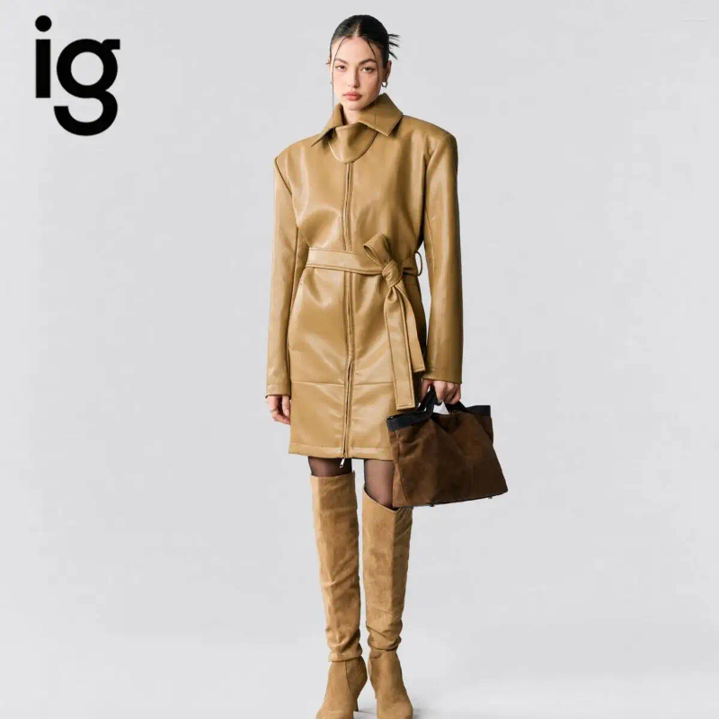 Women's Leather IG 2026 Turn Down Collar Zip Up Faux Mini Dress Self Fabric Bow Tie Belt Waist Adjust Long Sleeve Pocket Slim 79