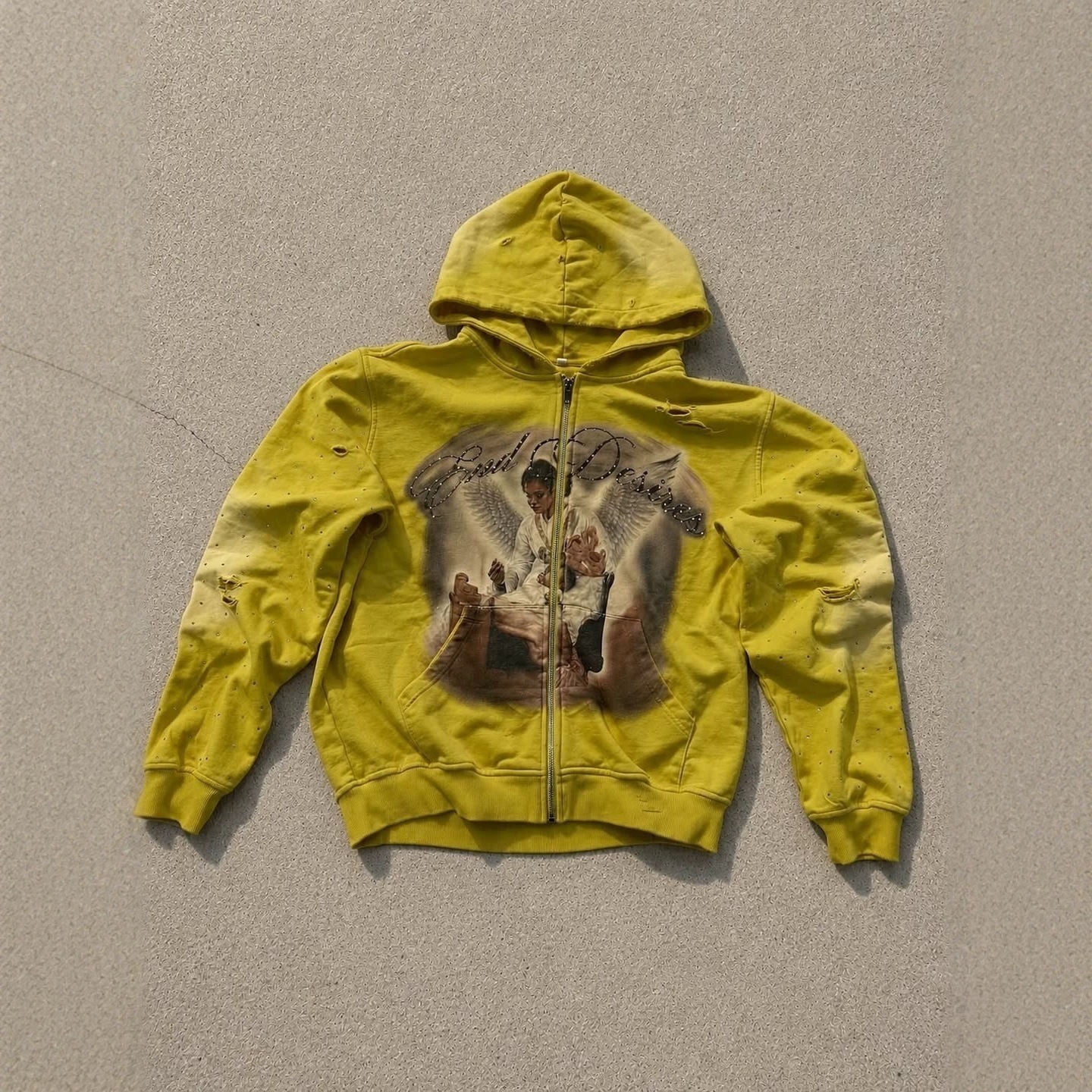 Luxury Brand Designer Clothes Men Women Gothic Zip Up Hoodie Blue Distressed Angel Rhinestone Print Ripped Oversized Full Zip Q260917