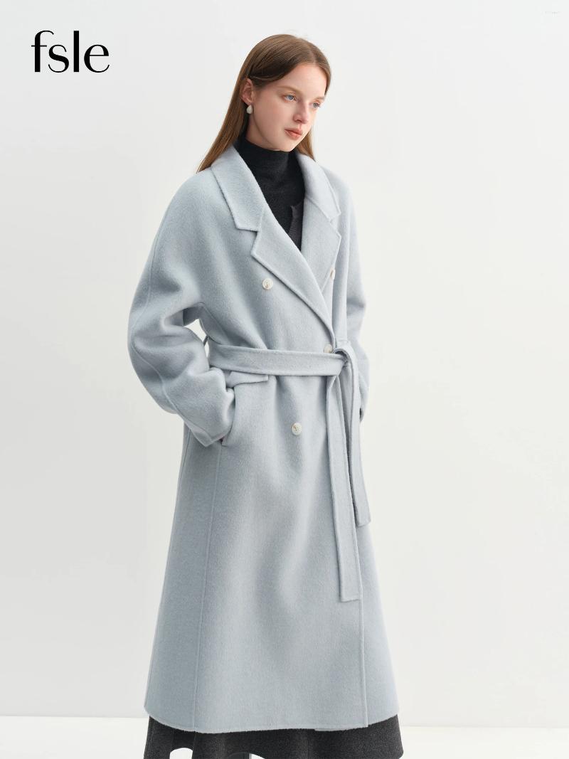 Women's Wool FSLE Cashmere Double breasted Collar Woolen Coat Women 2026 Winter Commuting Light Blue Casual Loose Lazy Simple 41