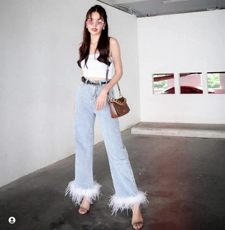 Jeans da donna Nappe Piume Design di nicchia avanzato Pantaloni dritti a gamba larga a vita alta Pantaloni da donna 0b